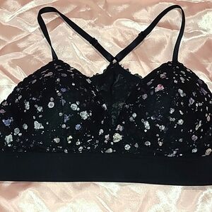 Victoria's Secret PINK Black Paint Splatter Lace Bralette sz Large